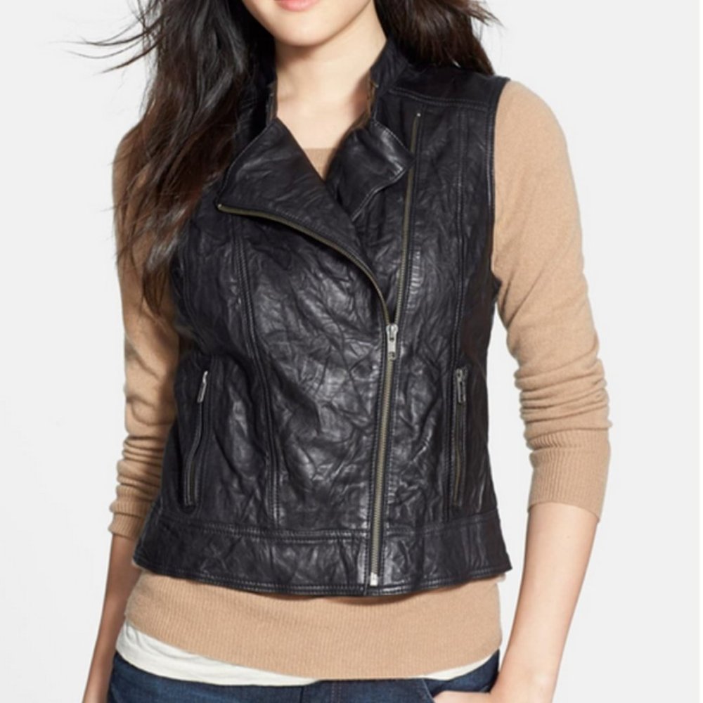 Halogen Crinkled Genuine Leather Moto Vest Black L